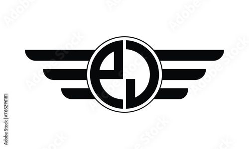 PJ initial letter circle wings icon gaming logo design vector template. batman logo, sports logo, monogram, polygon, war game, symbol, playing logo, abstract, fighting, typography, minimal, wings logo