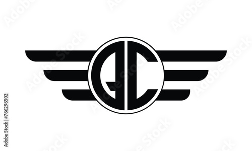 QC initial letter circle wings icon gaming logo design vector template. batman logo, sports logo, monogram, polygon, war game, symbol, playing logo, abstract, fighting, typography, minimal, wings logo
