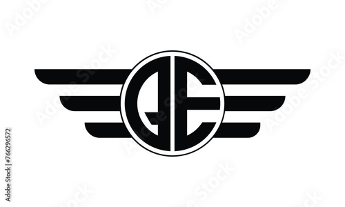 QE initial letter circle wings icon gaming logo design vector template. batman logo, sports logo, monogram, polygon, war game, symbol, playing logo, abstract, fighting, typography, minimal, wings logo
