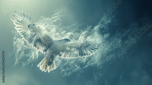 Soaring Eagle Superimposed on Sky with Clouds Representing Freedom