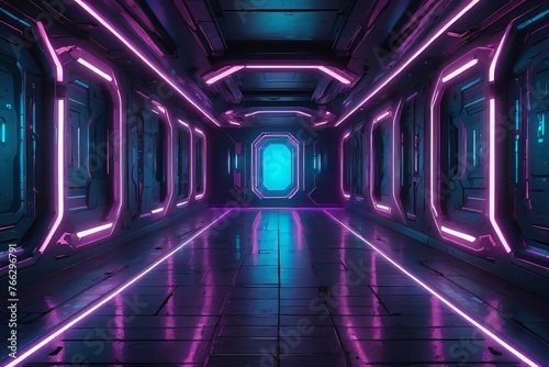 Generate an AI depiction portraying an abstract backdrop of a futuristic hallway adorned with neon lights in shades of purple and blue.