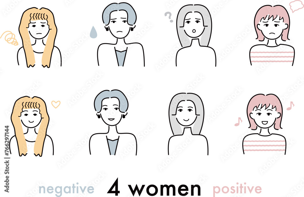 4人の女性の笑顔と不満顔のイラストセット 4人の女性の笑顔と不満顔のイラストセット