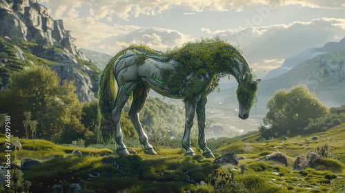 Robotic horse with unique background. horse in field. horse with grass.
