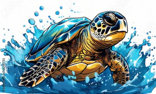 Serene turtle gracefully swimming through water amidst trail of bubbles. For fashion, clothing design, animal themed clothing advertising, as illustration for interesting clothing style,Tshirt design. photo