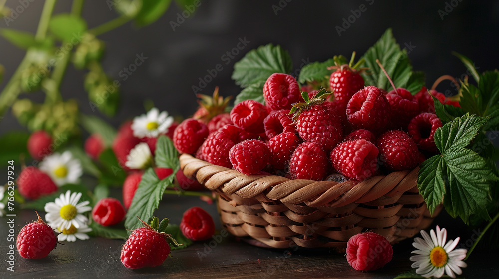A basket of raspberries on the table with green leaves and white flowers scattered around, fresh and juicy strawberries and raspberries, still life illustration with unusual details, A basket of raspberries on the table with green leaves and white flowers scattered around, fresh and juicy strawberries and raspberries, still life illustration with unusual details,