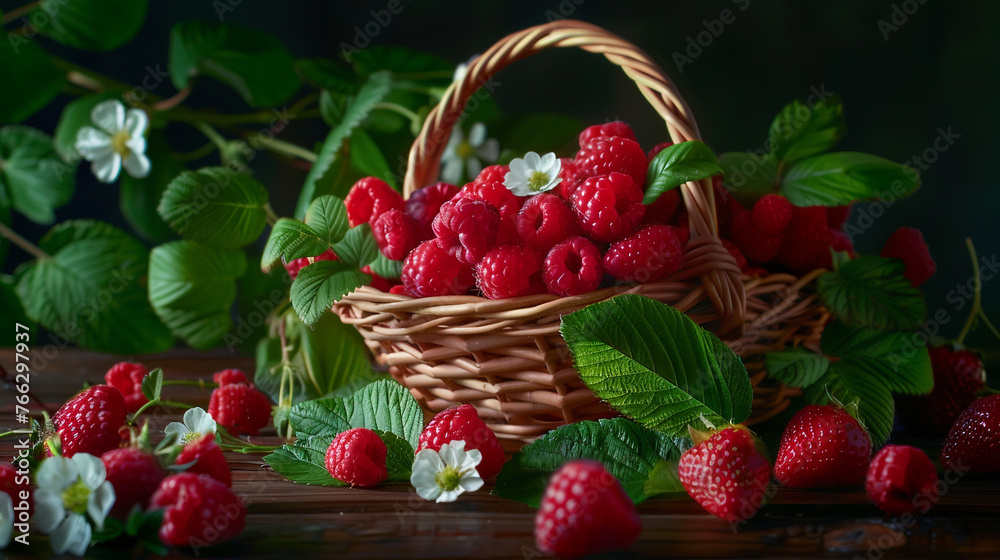 A basket of raspberries on the table with green leaves and white flowers scattered around, fresh and juicy strawberries and raspberries, still life illustration with unusual details, A basket of raspberries on the table with green leaves and white flowers scattered around, fresh and juicy strawberries and raspberries, still life illustration with unusual details,