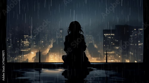 Silhouette girl observing rain in the city. Fantasy landscape anime or cartoon style, looping 4k video animation background photo
