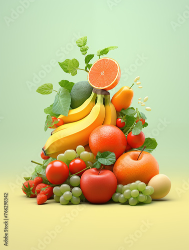 Colorful assortment of fresh fruits and vegetables  Vibrant composition of mixed fruits and vegetables on a pastel green background
