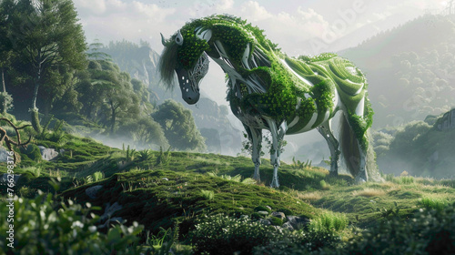 Robotic horse with unique background. horse in field. horse with grass. © DFG