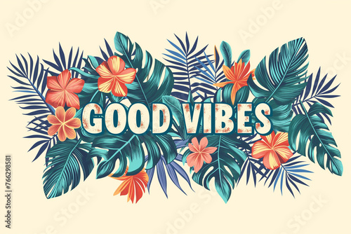 The Words GOOD VIBES, Tropical Surfer Design