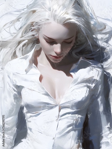 a beautiful silver-haired woman wearing a white shirt in front of a white background. 2D art, anime aesthetic artwork, digital art style, illustration painting. generative AI