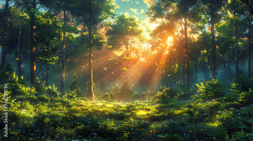  A beautiful forest scene with rays of sunlight filtering through the trees. Created with Ai