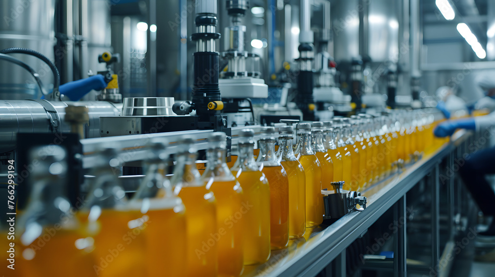 bottling yellow juice in a factory setting, showcasing machinery in action and colorful juice bottles on conveyor belts