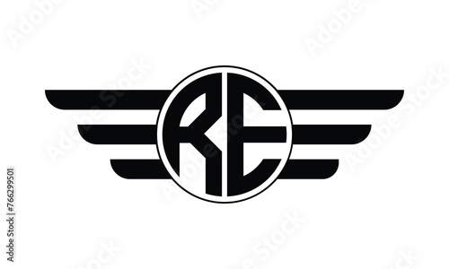 RE initial letter circle wings icon gaming logo design vector template. batman logo, sports logo, monogram, polygon, war game, symbol, playing logo, abstract, fighting, typography, minimal, wings logo