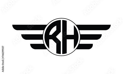 RH initial letter circle wings icon gaming logo design vector template. batman logo, sports logo, monogram, polygon, war game, symbol, playing logo, abstract, fighting, typography, minimal, wings logo