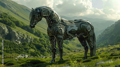 Robotic horse with unique background. horse in field. horse with grass. © DFG