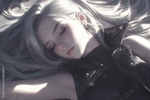 A beautiful woman in a sleeveless leather jacket lying on her bed in the soft sunlight. 2D art, anime aesthetic artwork, digital art style, illustration painting. generative AI