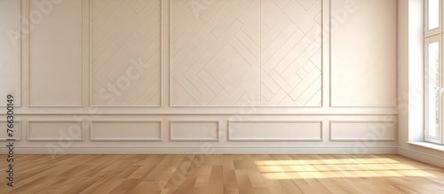 An unfurnished room featuring brown hardwood flooring, with a wooden plank laminate flooring, surrounded by white walls painted in tints and shades of color