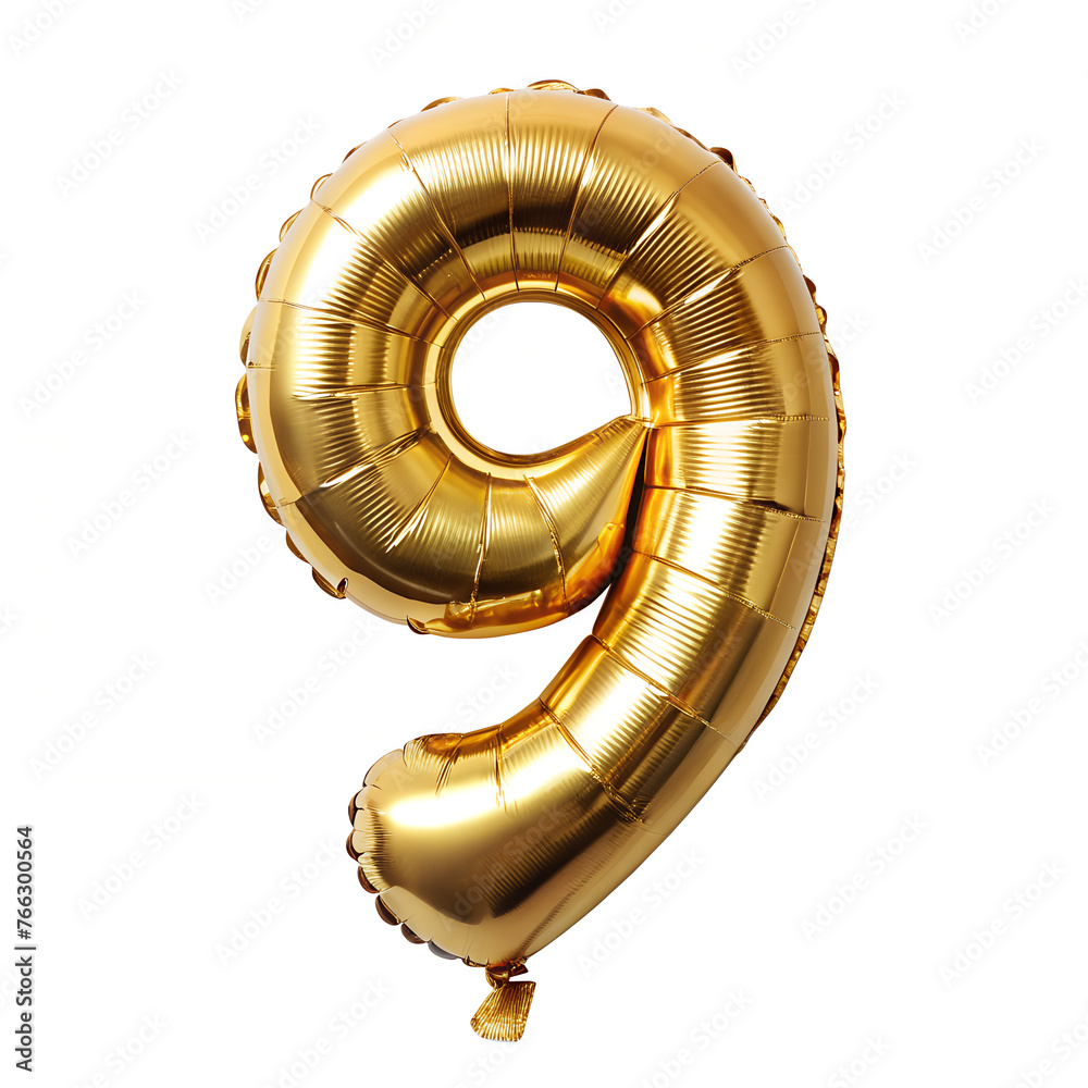 Number 9 golden balloon on white background