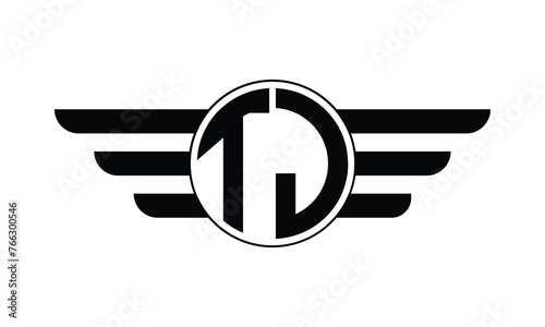 TJ initial letter circle wings icon gaming logo design vector template. batman logo, sports logo, monogram, polygon, war game, symbol, playing logo, abstract, fighting, typography, minimal, wings logo