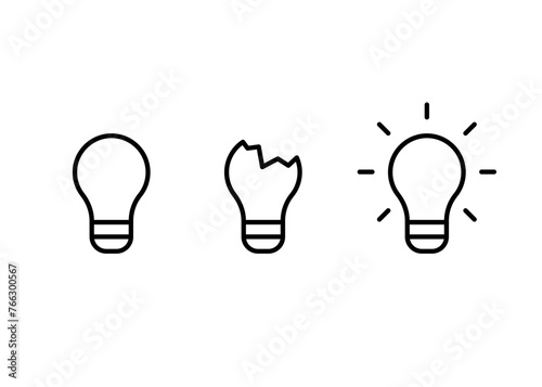 Bulb light full, broken and bright, line icon set. Light bulb symbol as idea concept sign. Lamp simple outline. Vector illustration