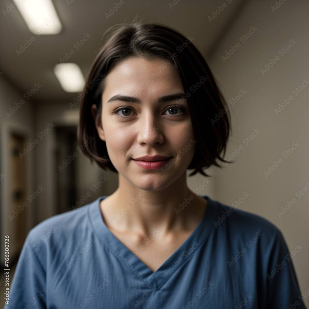 a doctor nurse in a blue scrubs stands in a corridor with a stethoscope on her neck. a doctor nurse in a blue scrubs stands in a corridor with a stethoscope on her neck.