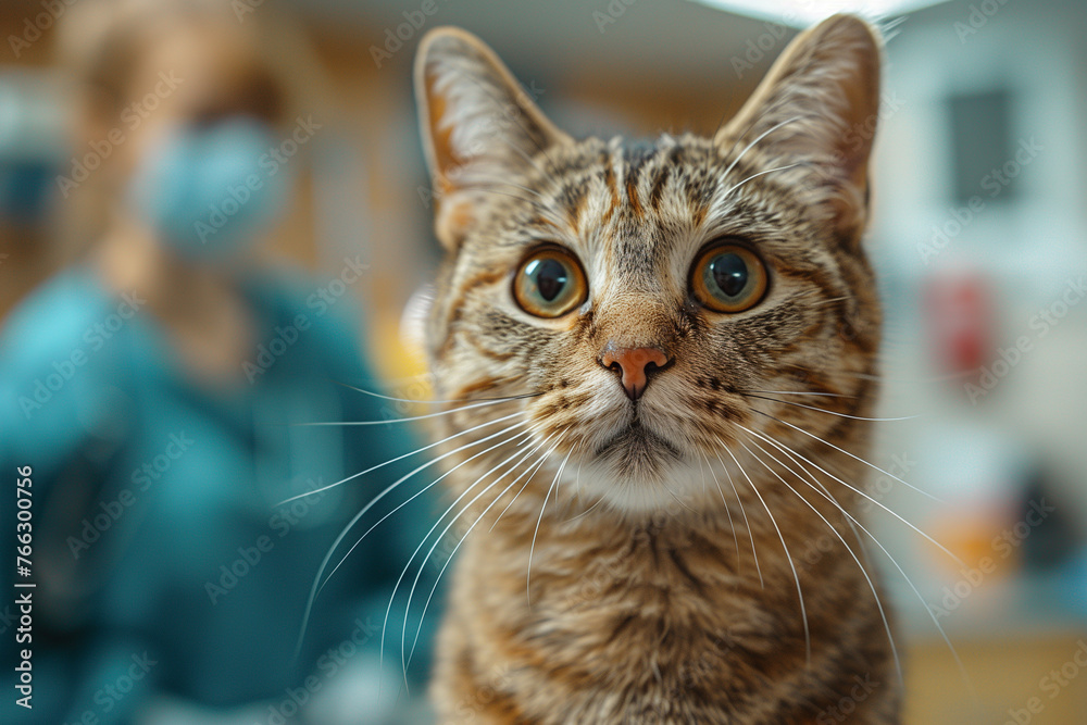 Close-up of a cat with a person in the background at a vets appointment