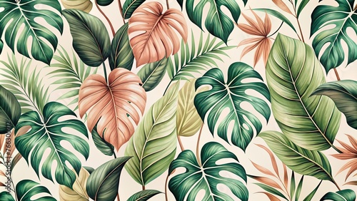 Abstract foliage and botanical background. Green tropical forest wallpaper of monstera leaves, palm leaf, branches in hand drawn pattern. Exotic plants background for banner, prints, decor, wall art.