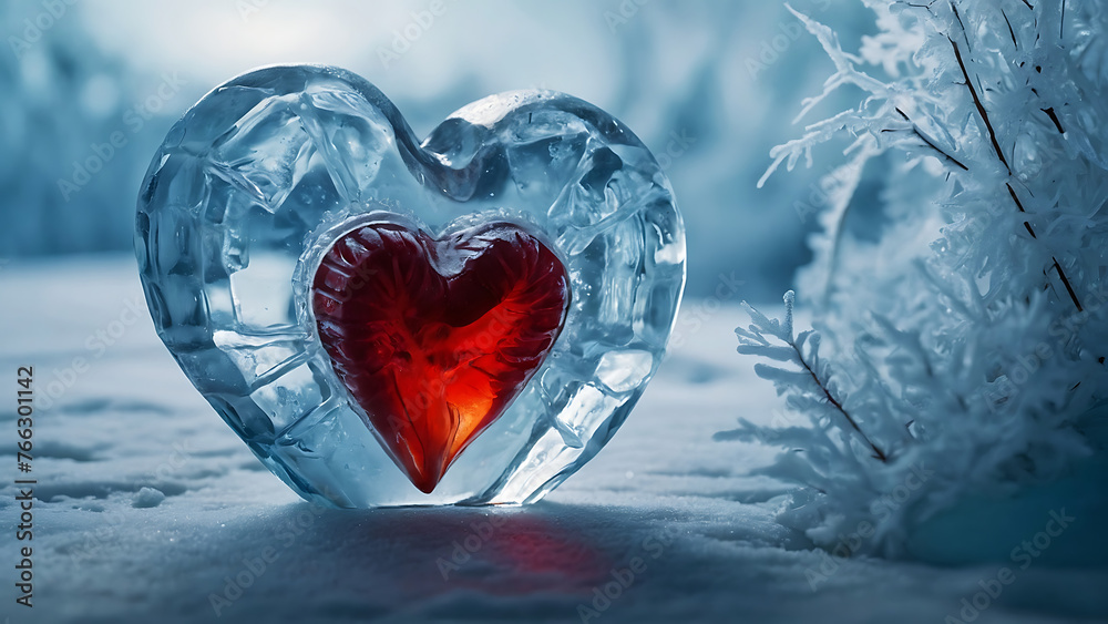  Icy heart encasing smaller, vibrant red heart, winter scene, low view, depth of field