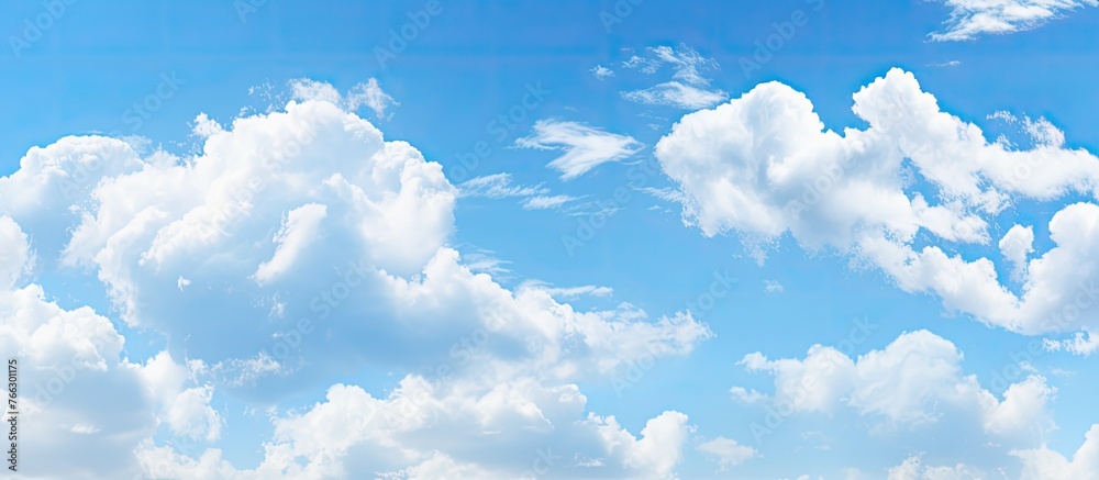 Scattered across the vast blue sky are numerous fluffy clouds hovering over a serene expanse of green grass below