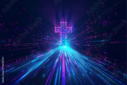 Glowing neon cross in data stream tunnel. Futuristic virtual reality concept of faith and spirituality. Religious symbolism with modern digital aesthetic