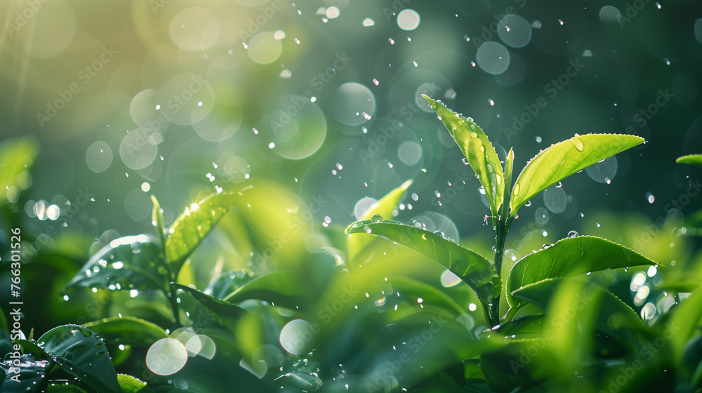 Green tea leaves with dew drops in morning light. Nature background Green tea leaves with dew drops in morning light. Nature background