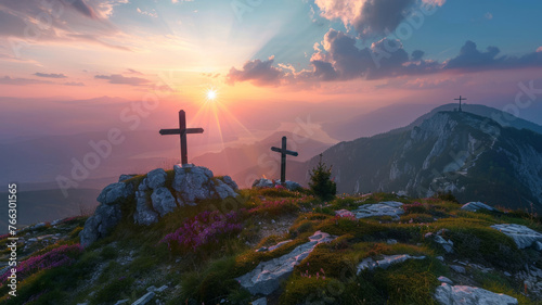 Crosses on the top of the mountain sunrise on cloudy sky background