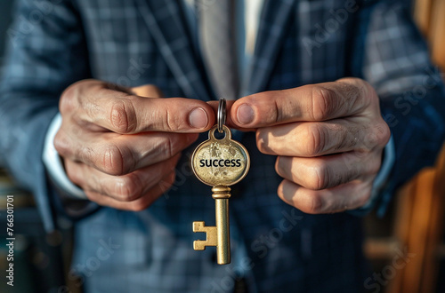 A businessman's hands holding the golden key to success, with success