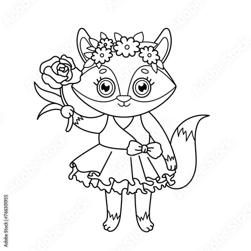 Сute fox in a dress with a rose and a wreath of flowers. Cute animals. Coloring book, black and white vector illustration.