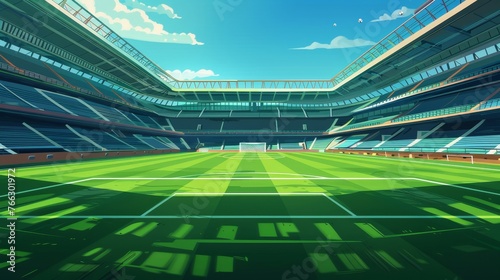 A blank soccer stadium background. An empty soccer field. An area with green grass, lines and lines, seating rows, a horizontal panorama. An empty field for playing soccer. Modern flat illustration.