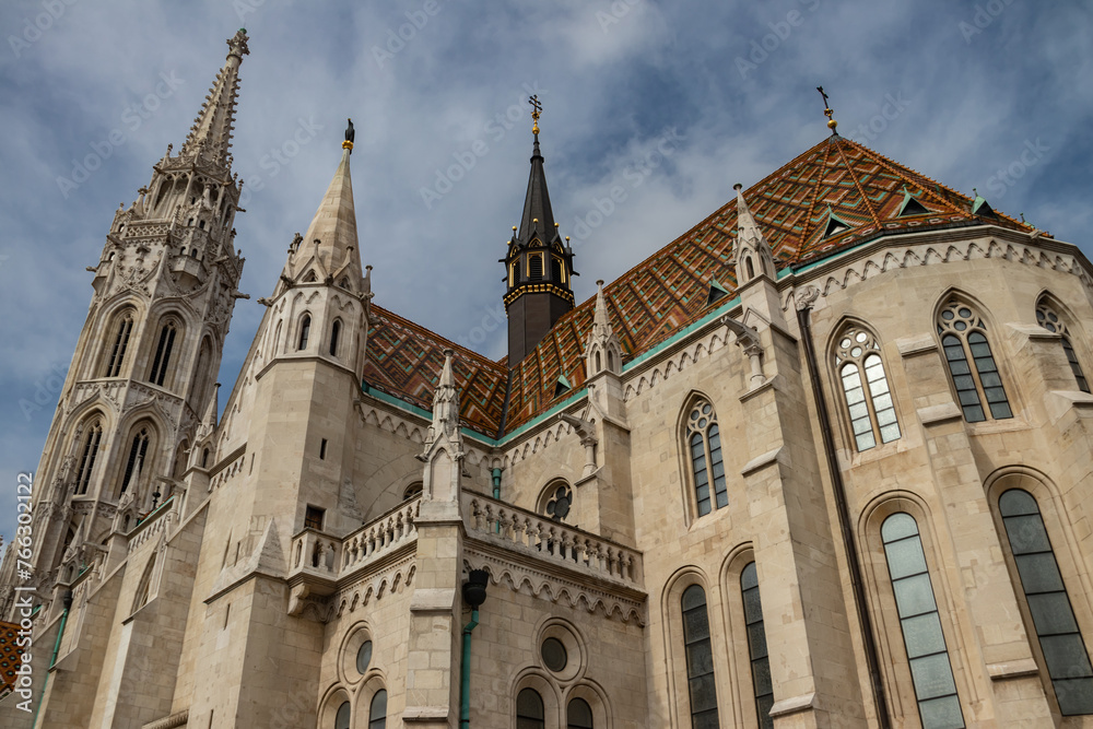 Famous historic Matthias Church in Budapest, Hungary, a must-visit landmark. Gothic architectural and decorative colorful powerful style, Catholic church with neo-Gothic style