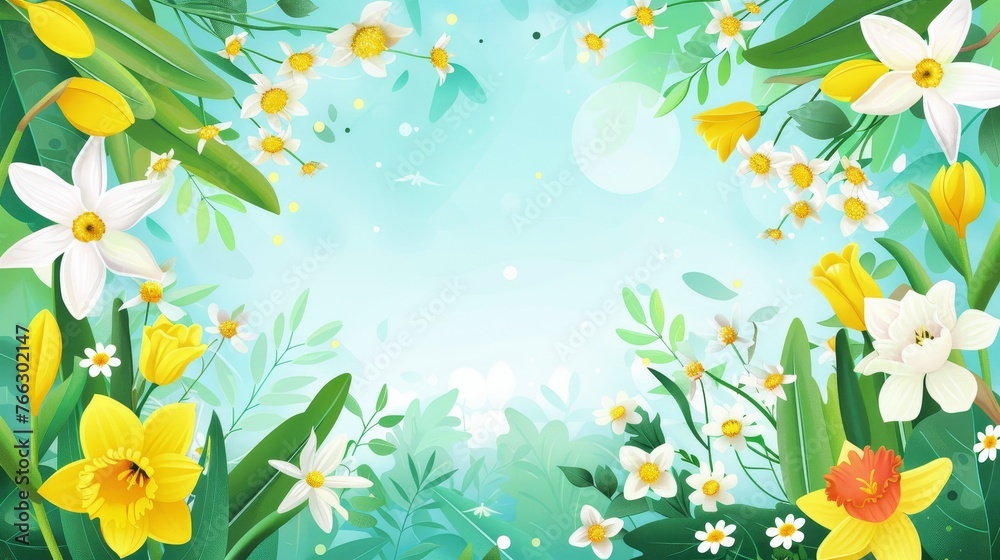 Design of a floral framed card in spring with blossoming trees and blooming plants. Natural poster background with delicate daffodils, mimosas, tulips, leaves and branches. Flat modern illustration. Design of a floral framed card in spring with blossoming trees and blooming plants. Natural poster background with delicate daffodils, mimosas, tulips, leaves and branches. Flat modern illustration.