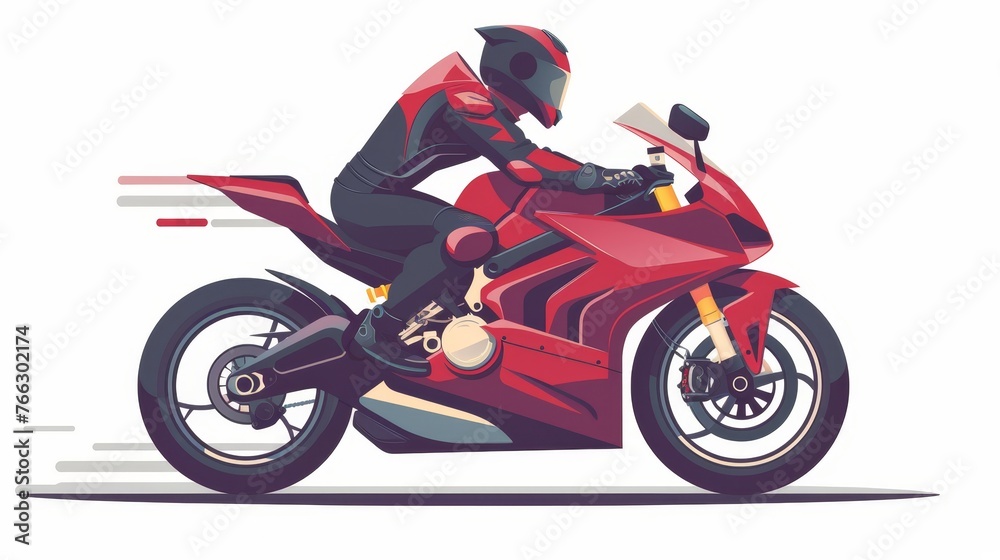Rider on motorcycle, in safety helmet, driving eco-friendly bike. Biker on motorbike, road transport. Flat modern illustration isolated on white. Rider on motorcycle, in safety helmet, driving eco-friendly bike. Biker on motorbike, road transport. Flat modern illustration isolated on white.