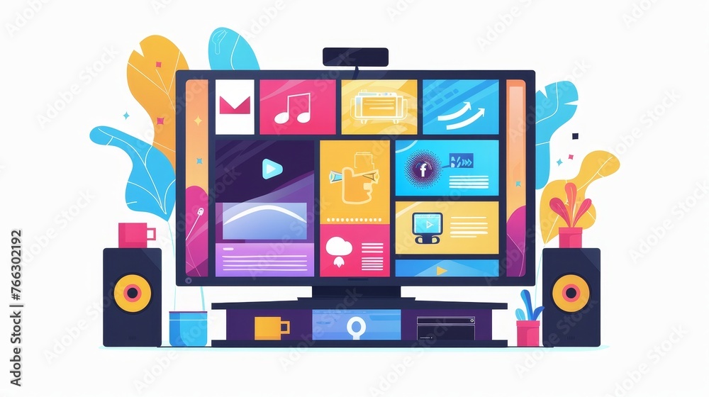 A smart TV concept. A multipurpose device for streaming services apps and TV apps for online entertainment by subscription. A flat modern illustration isolated on a white background. A smart TV concept. A multipurpose device for streaming services apps and TV apps for online entertainment by subscription. A flat modern illustration isolated on a white background.