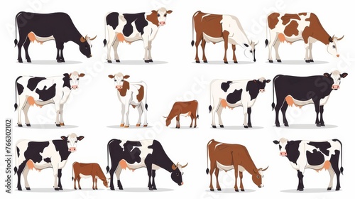 The dairy cows and calf set. Farm animals, bovine cattle, livestock with udders and spotted black and brown coats. Eating, walking, grazing, standing and looking. Isolated flat modern graphics.