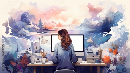 Creative graphic designer at their desk with dual monitors photo