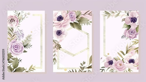A modern template set with a cute golden geometrical pattern, a lavender pink garden rose anemone, wax flowers and eucalyptus branches.