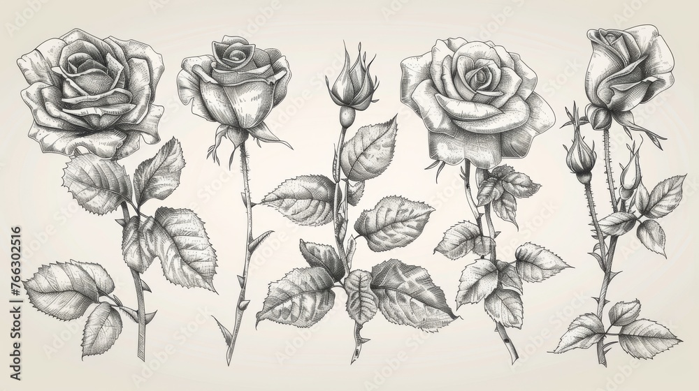 A hand drawn flower set with highly detailed roses. A hand drawn flower set with highly detailed roses.