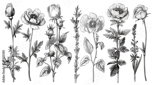 A set of vintage flowers illustrated in black and white in the style of engraving.