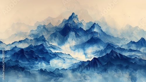 In the vintage style, blue watercolor mountain decorations with hand-drawn wave elements. Logos and icons with hand-drawn waves.