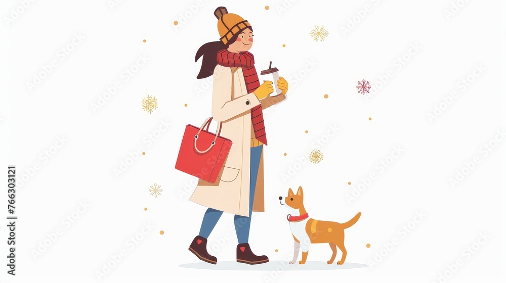 In this flat modern illustration, the woman is holding a coffee cup and a cute pet dog during a snowy winter holiday. She is holding a shopping bag, groceries, a drink from the take-out counter, and In this flat modern illustration, the woman is holding a coffee cup and a cute pet dog during a snowy winter holiday. She is holding a shopping bag, groceries, a drink from the take-out counter, and