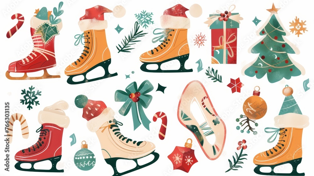 A festive holiday sticker design. Xmas decoration, holiday card, sport decor composition with ice skates. Flat modern illustration isolated on a white background.