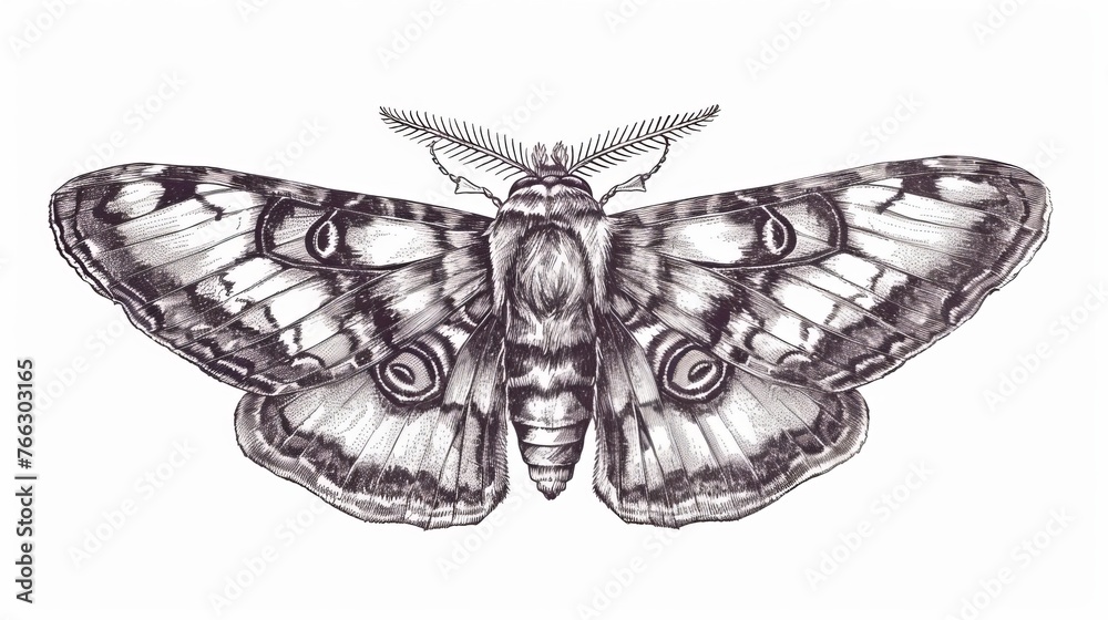 Moth, a flying insect sketch in old retro handdrawn style. Hand-drawn etched modern graphic illustration isolated on white. - obrazy, fototapety, plakaty 