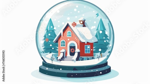 A Christmas decoration with a glass snow globe, a cozy house, a home in a crystal bubble, and the text Let It Snow. Flat modern illustration isolated on white.
